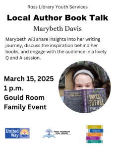 Author Visit March 15, 2025.  Time 1 p.m.  Marybeth Davis with her published book.